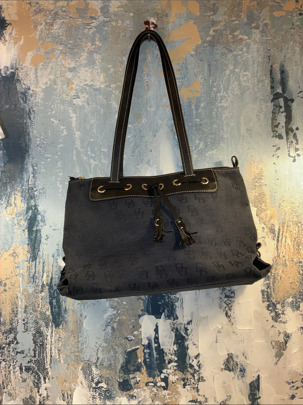 Vintage Dooney & Bourke Black  Designer Monogram Tote Bag - Satchel